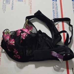 Adore Me Black Bra with Pink Floral Embroidery
